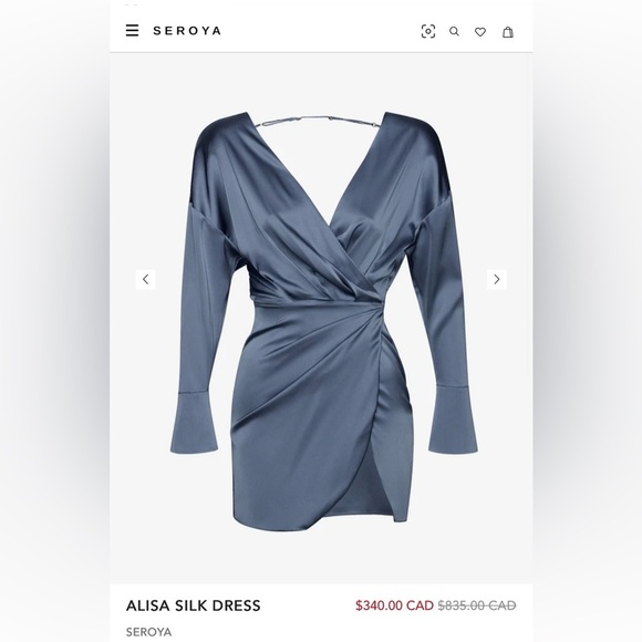 SEROYA Silk Alisa Dress Long Sleeve Mini Open Back V Neck Country Blue - Picture 3 of 13